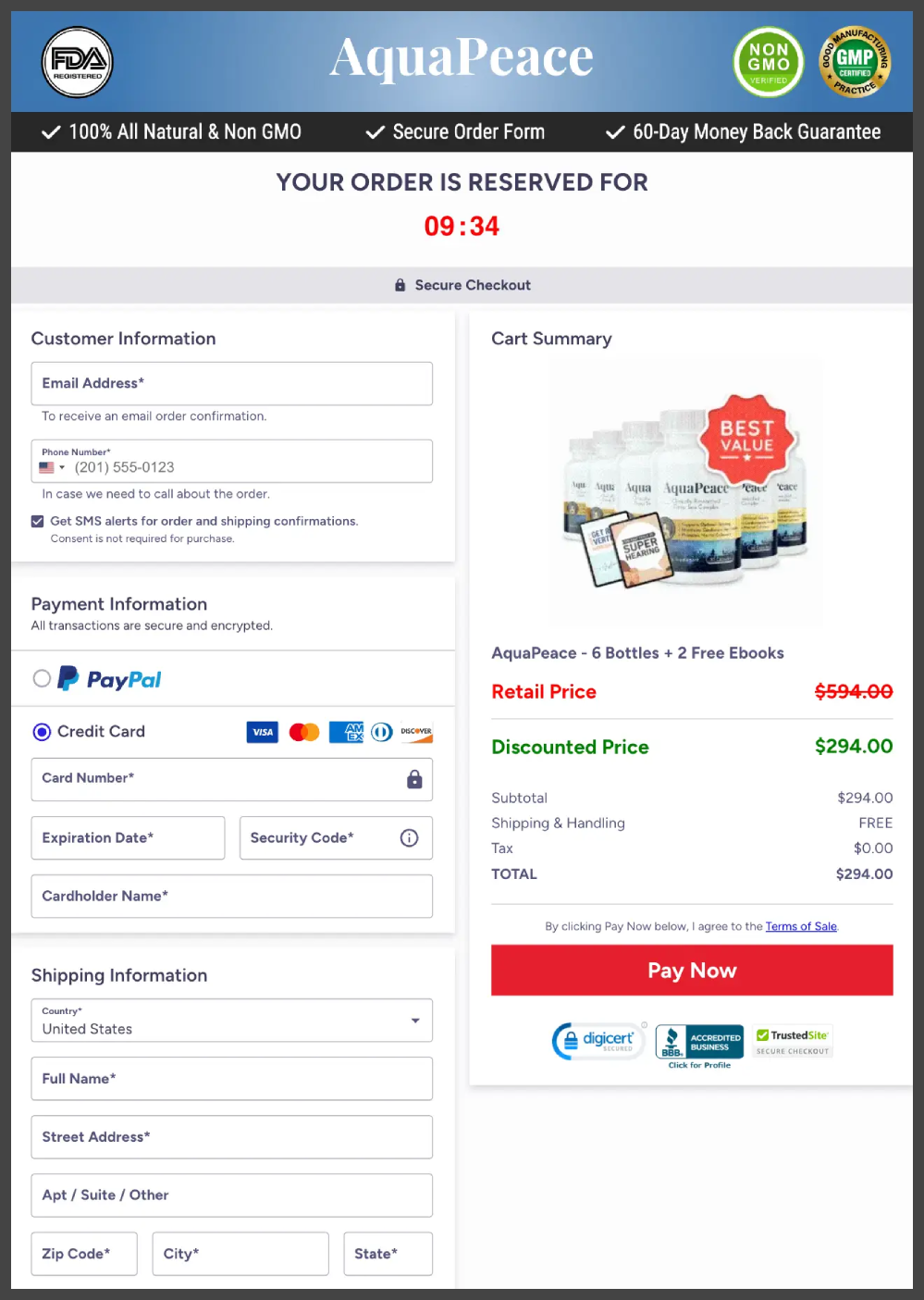 Secure checkout payment for AquaPeace with protected online ordering